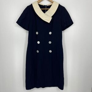 Vintage Sears Roebuck Navy Blue Shawl Collar Double Breasted Shift Dress Size M